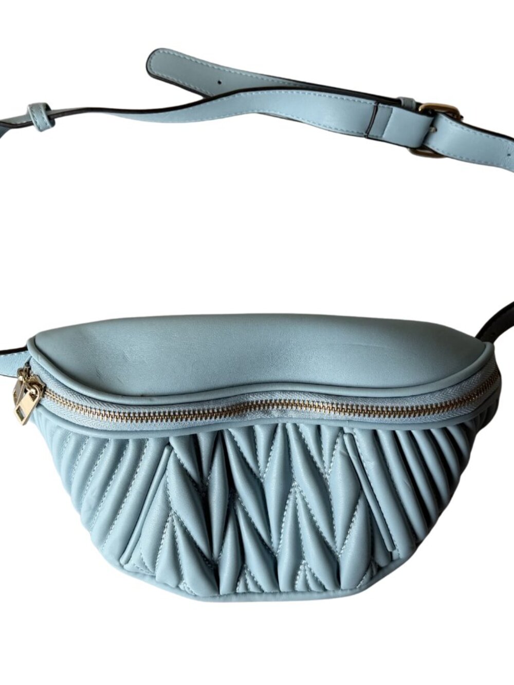 Light blue, faux leather belt bag with pleated & quilted design